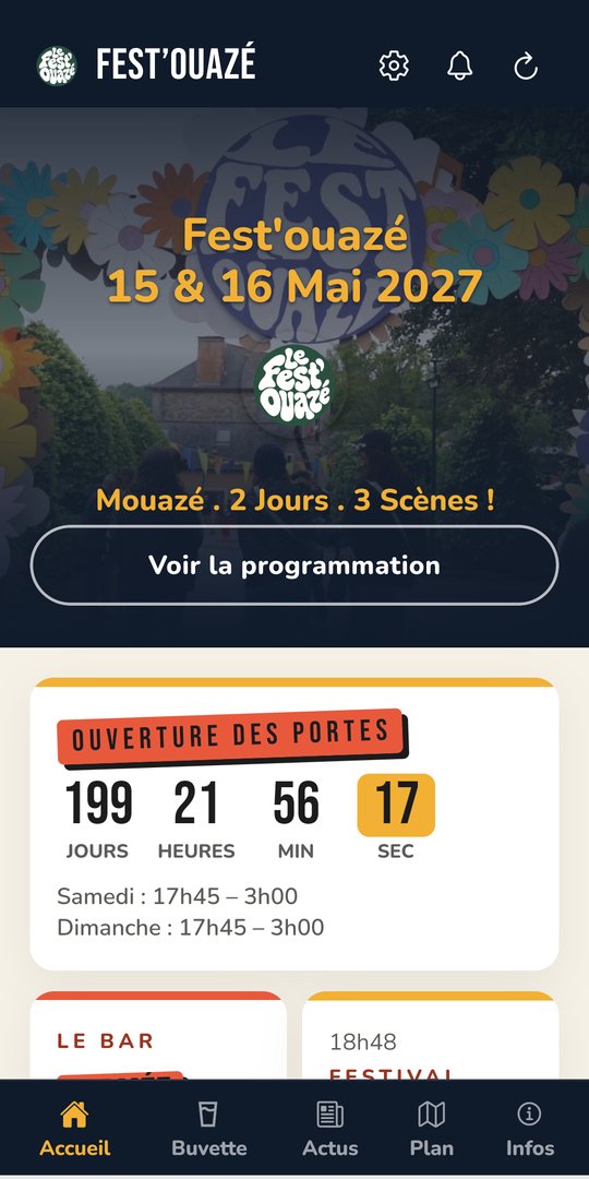Écran d'accueil de l'appli Fest'Ouazé